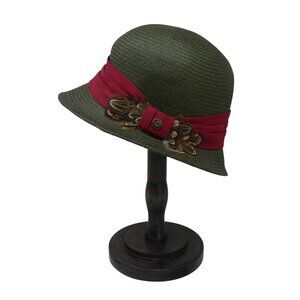 Vintage Goorin Bros Green Red Woven Straw Feather Detail Cloche Hat Small